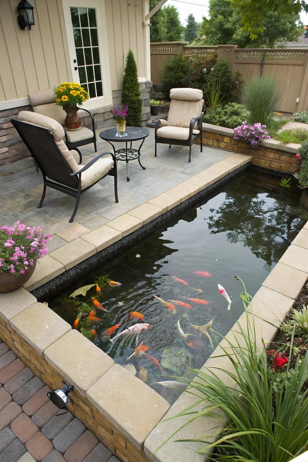 Raised koi pond placed next to a comfortable patio area