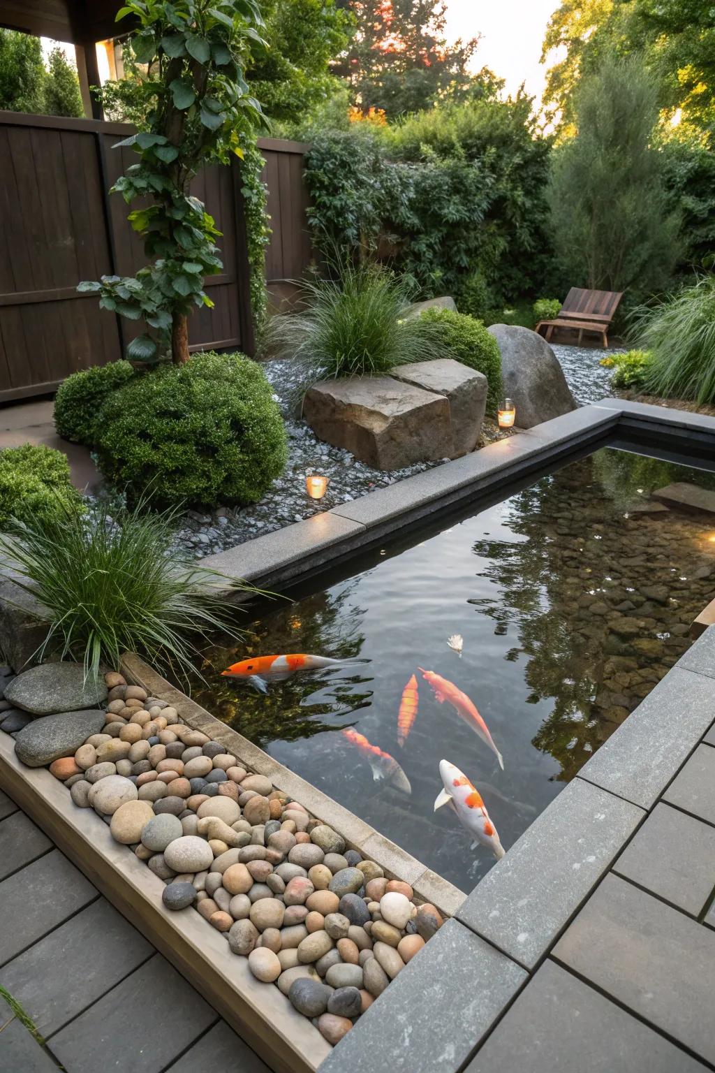 Koi pond enhanced with varied pebbles and rocks for authenticity