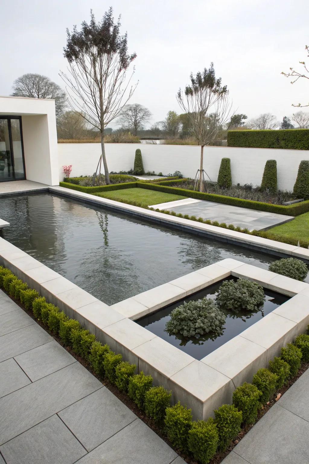 Contemporary raised koi pond with geometric design
