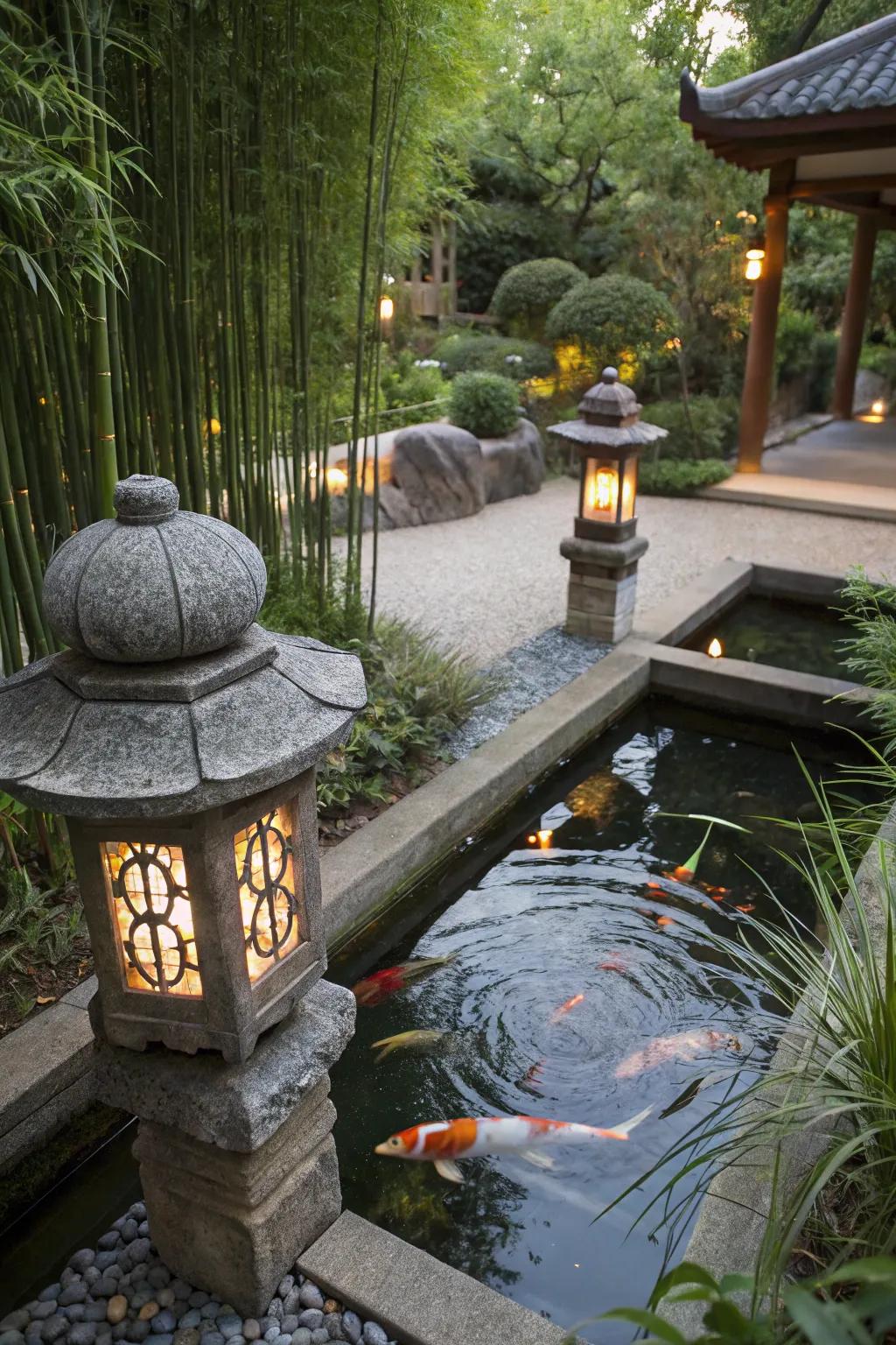 Traditional Japanese-style koi pond surrounded by bamboo and stones