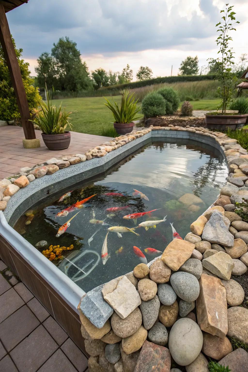 Hot tub creatively repurposed into a koi pond
