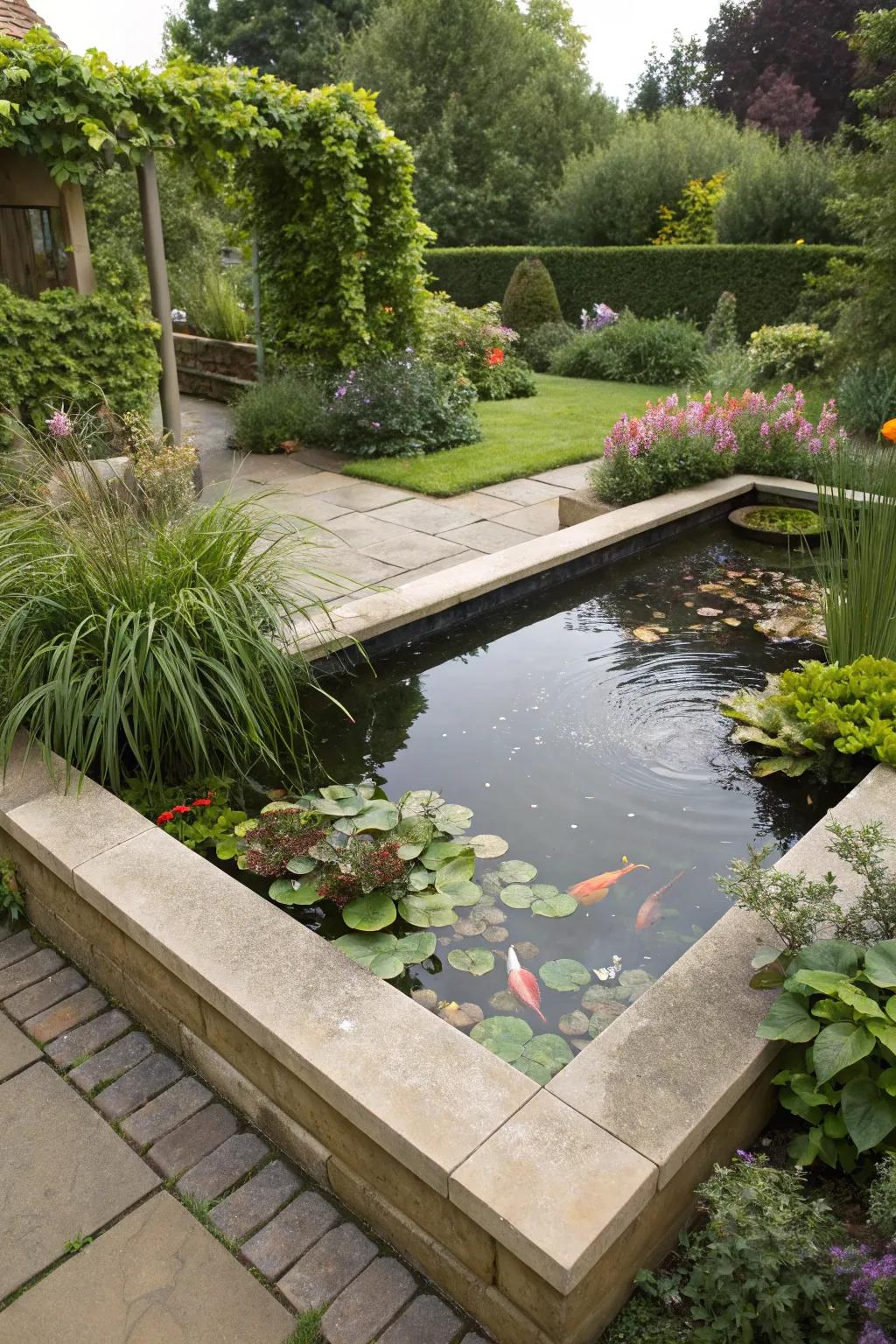 Vibrant corner koi pond enhancing garden space