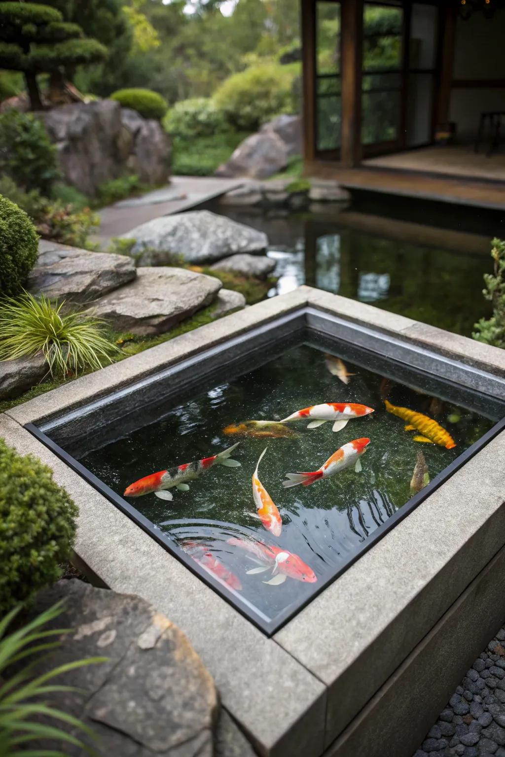 Koi pond with clear viewing panel for underwater observation