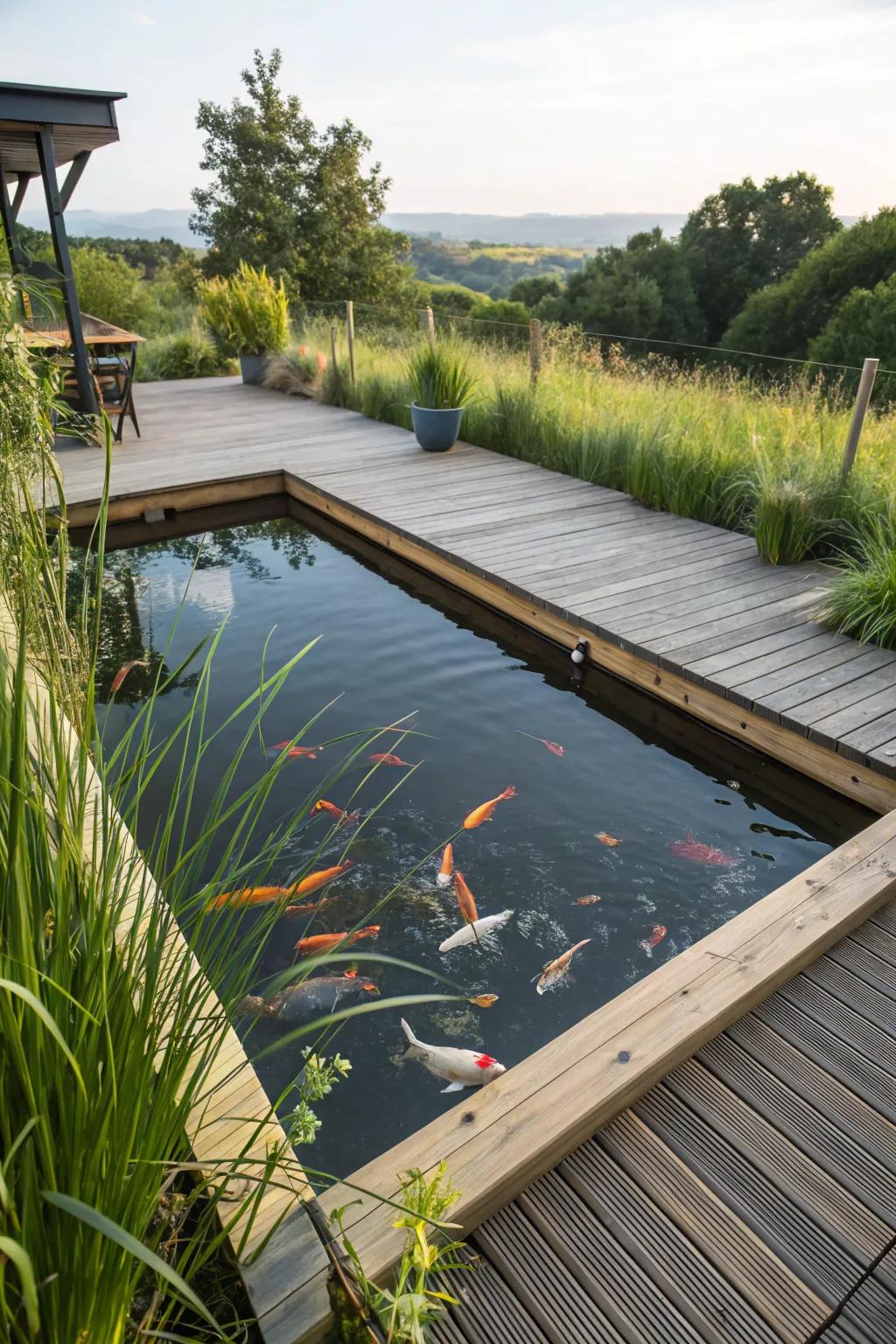Raised koi pond embraced by a floating deck