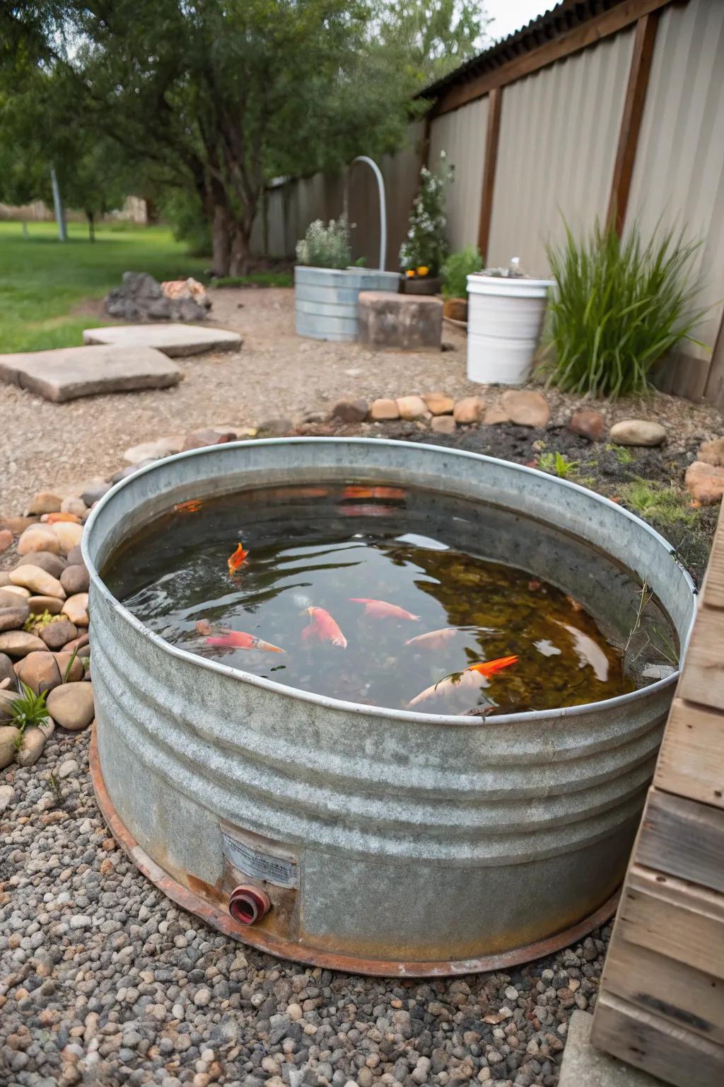 Rustic galvanized stock tank converted into a koi pond