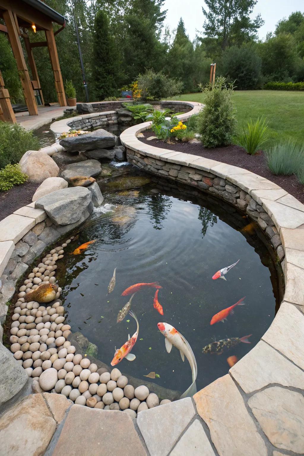 Unique shaped koi pond adding charm to the backyard