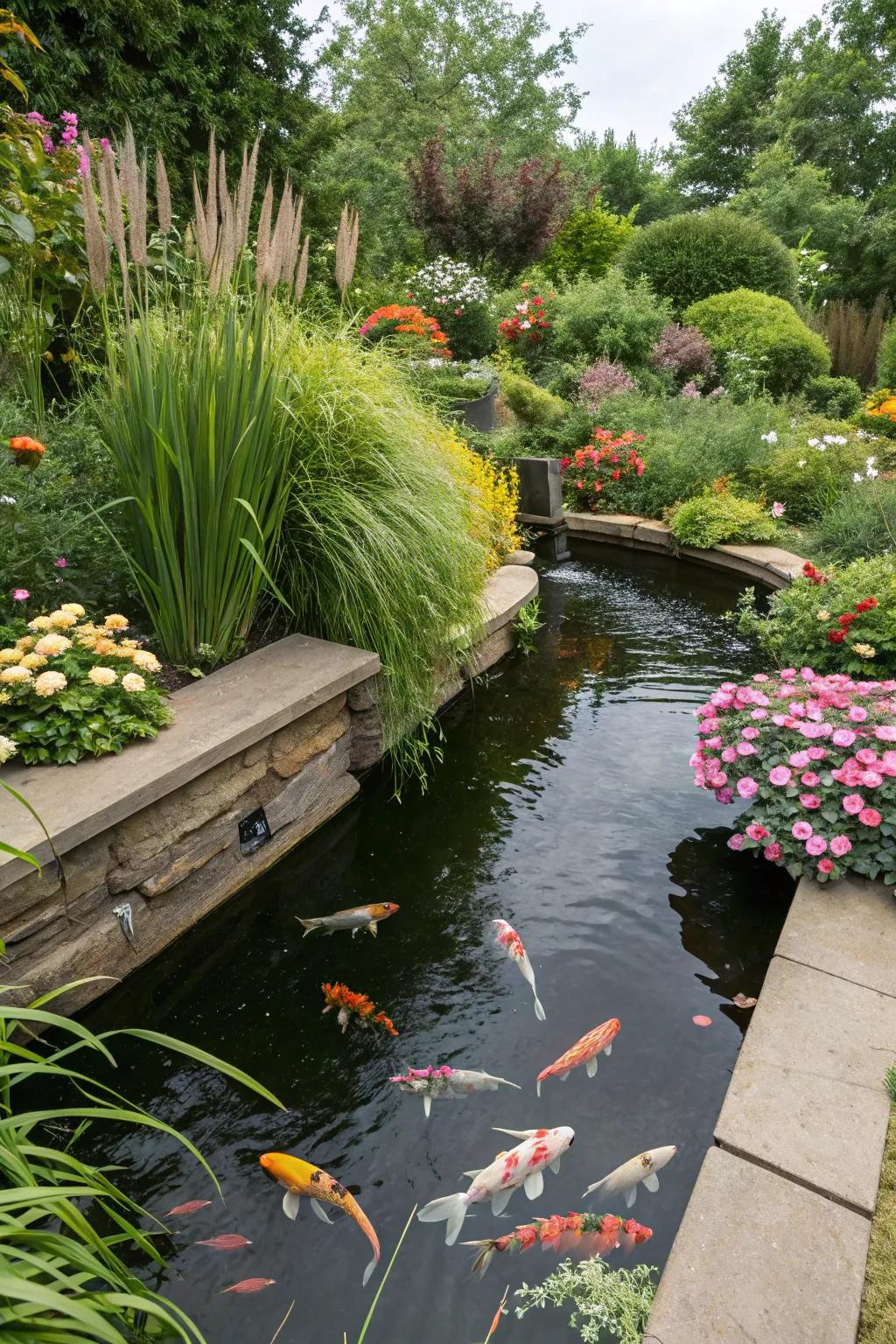 Raised koi pond harmoniously integrated with garden plants and flowers