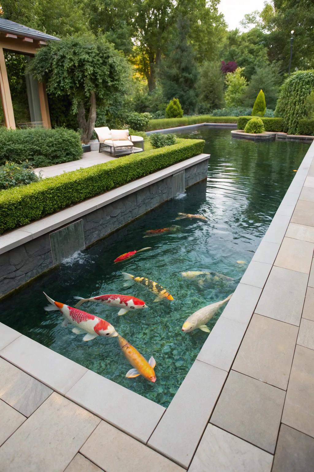 Transparent water in koi pond for vivid fish visibility