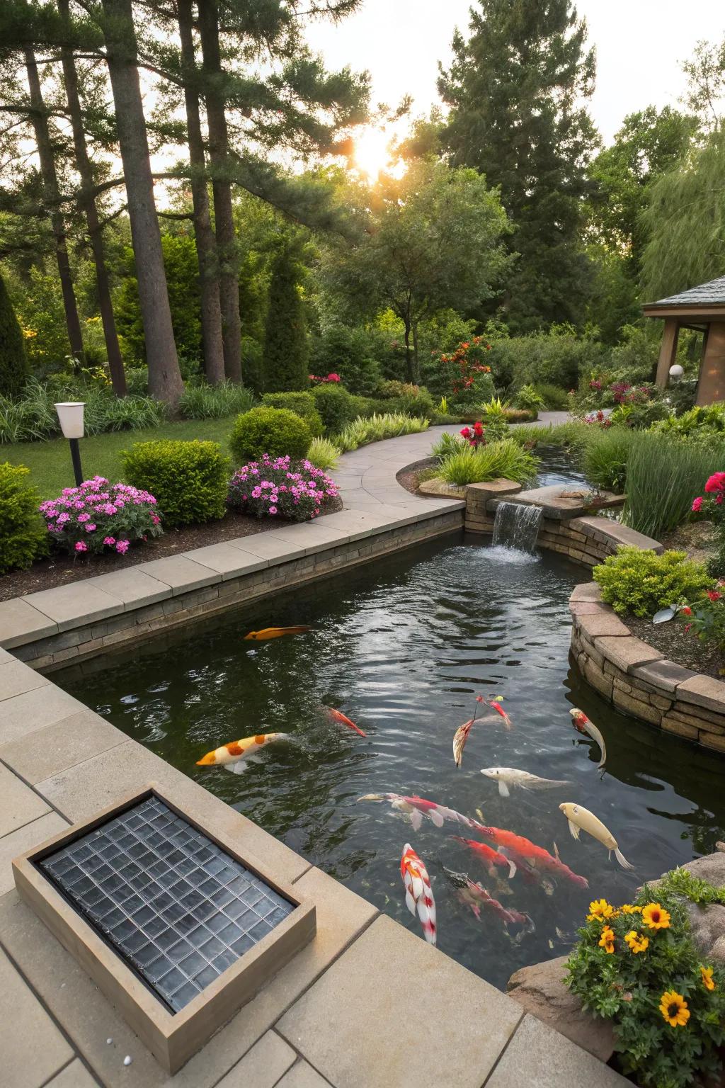 Sustainable koi pond with solar-powered water features