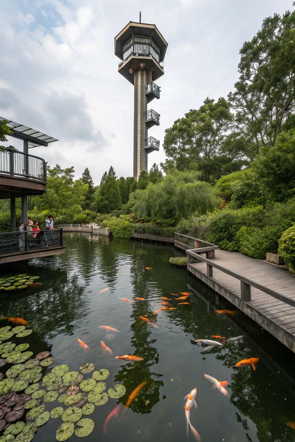 Whimsical observation tower overlooking koi pond