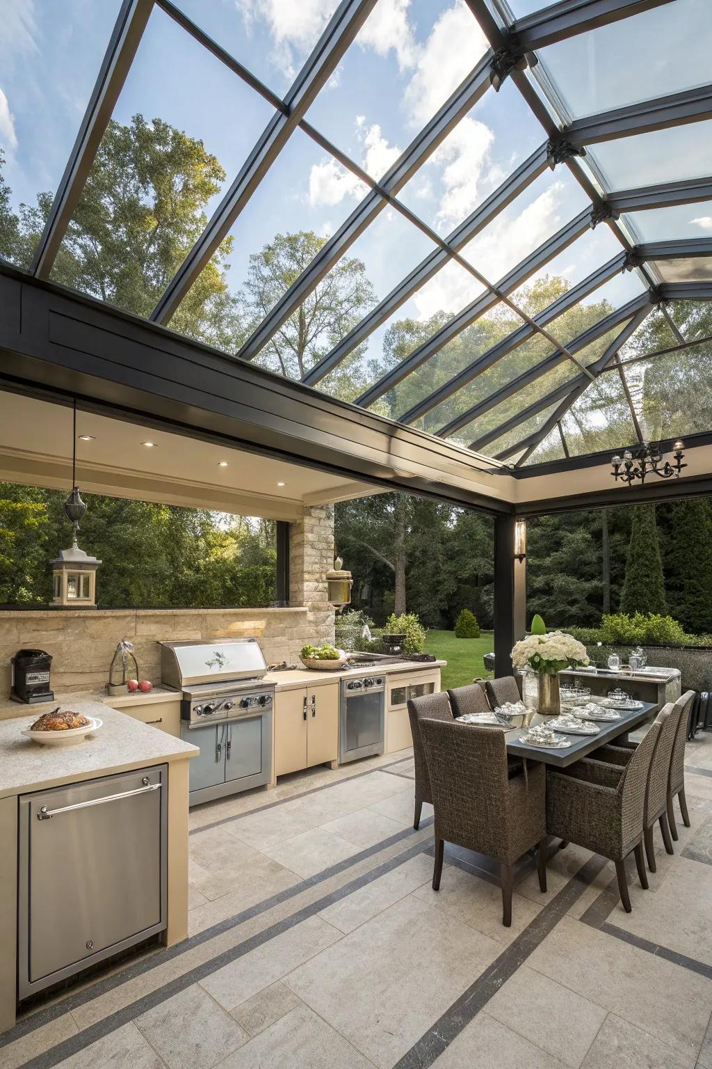 A glass roof provides a seamless connection to the outdoors in your kitchen.