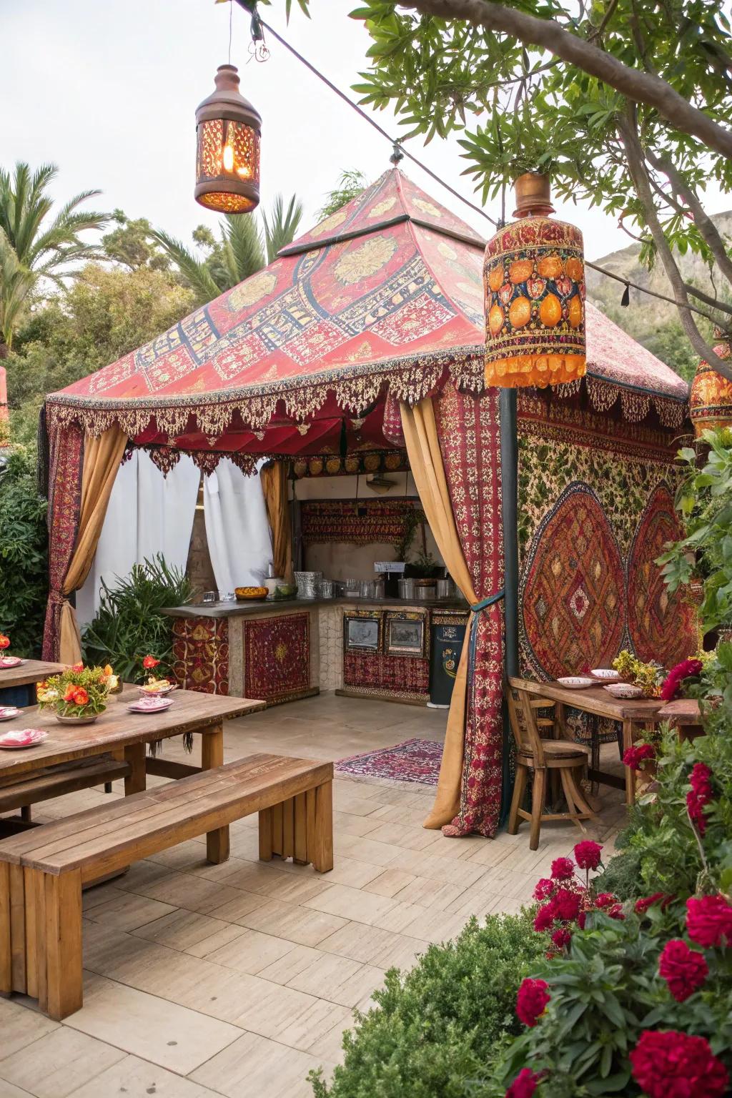 A Moroccan tent adds an exotic and colorful flair to your outdoor kitchen.
