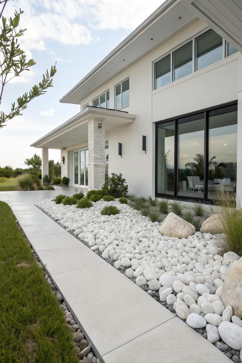 Sleek modern house with integrated white rock landscaping in the front yard.