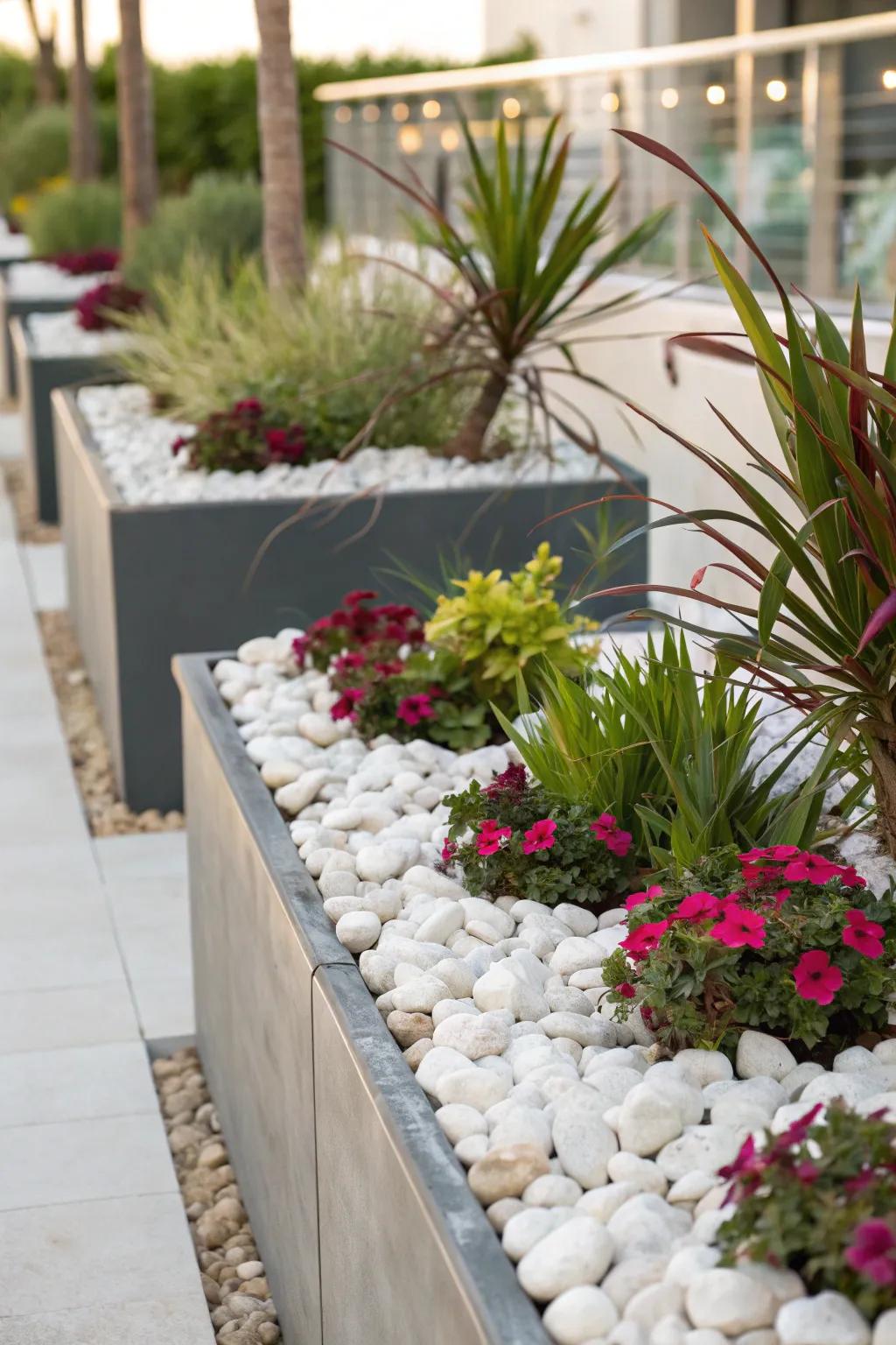 Various sized containers with plants arranged among white landscaping stones.