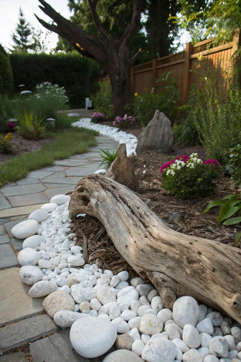 Garden design blending driftwood and white pebbles for natural coastal appeal.