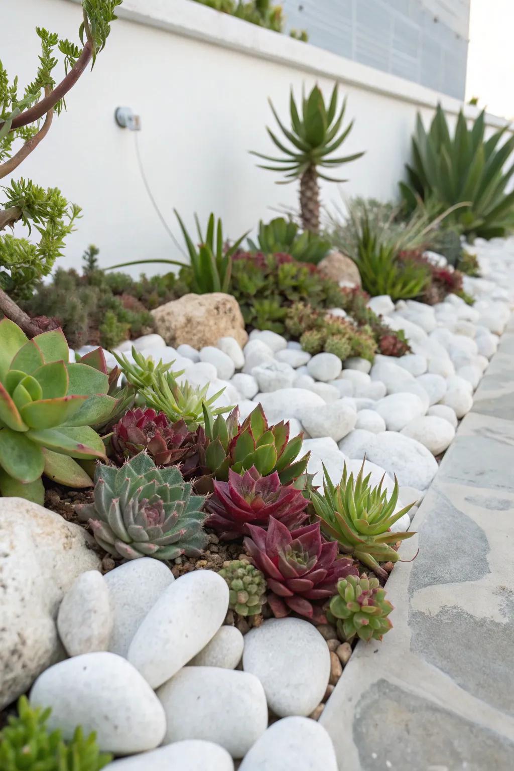 Succulent plants thriving in beds of white decorative rocks for low-maintenance gardening.