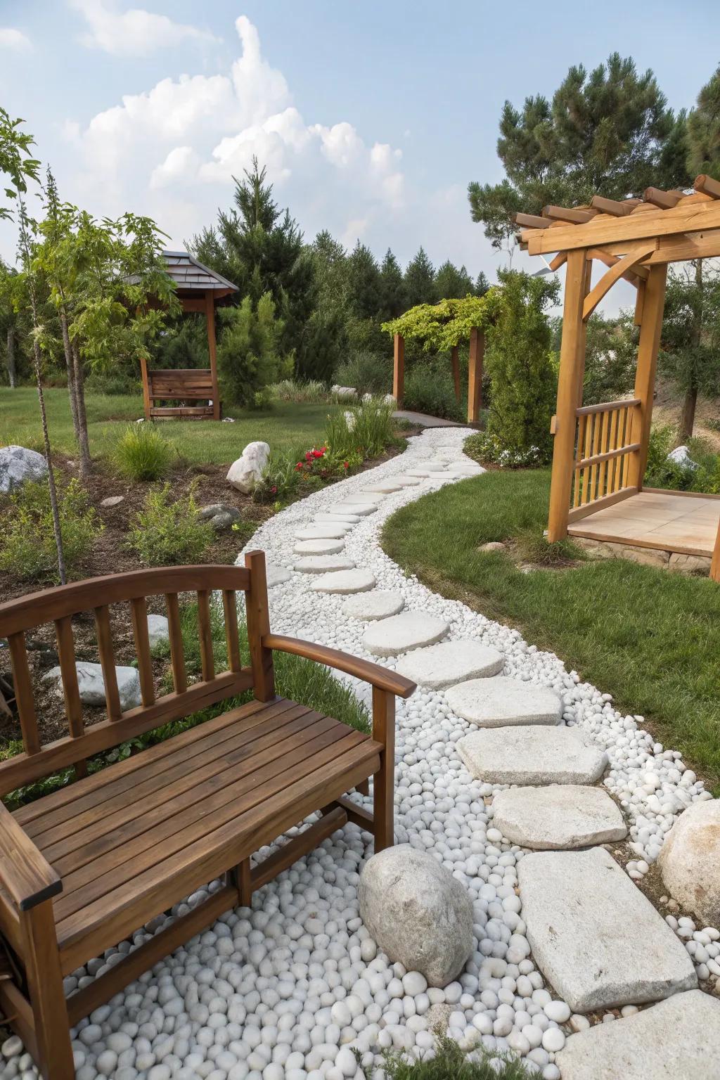 Outdoor space blending warm wooden features with crisp white landscaping stones.