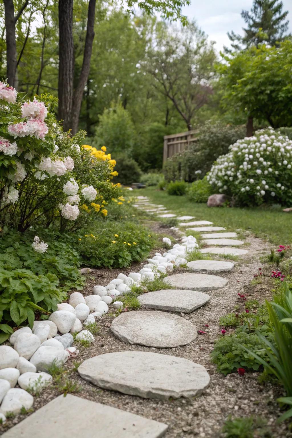 Curved stepping stone path laid on white decorative rocks inviting exploration.