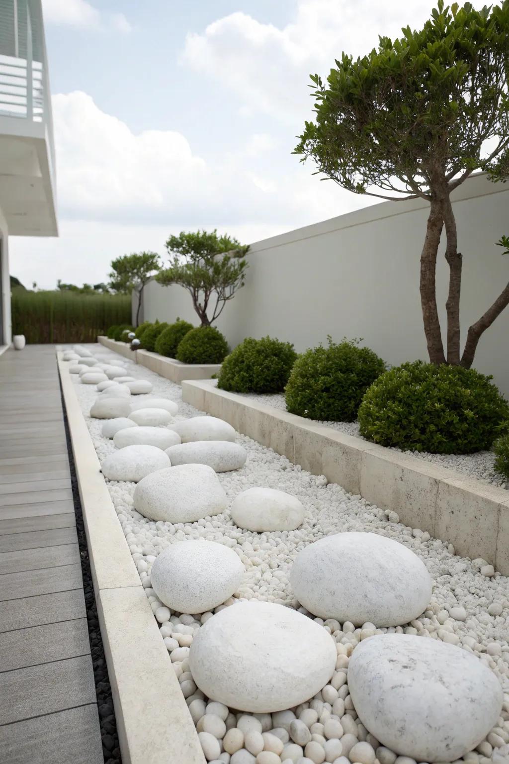 Serene outdoor space featuring minimalistic white rock landscaping with focus on clean lines.