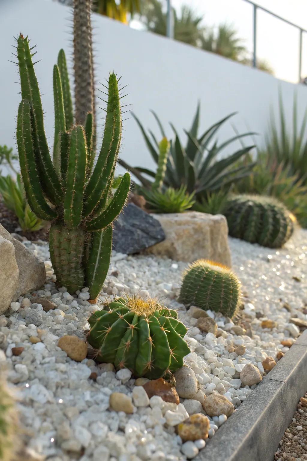 Vibrant succulent and cactus arrangement over glimmering quartz gravel.