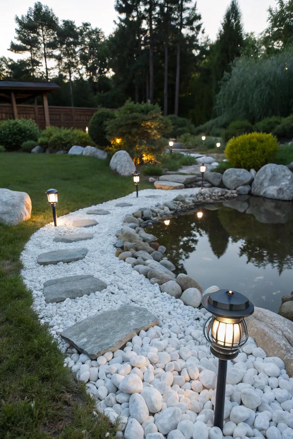Soft solar lighting brightening a white rock garden creating a magical nightscape.