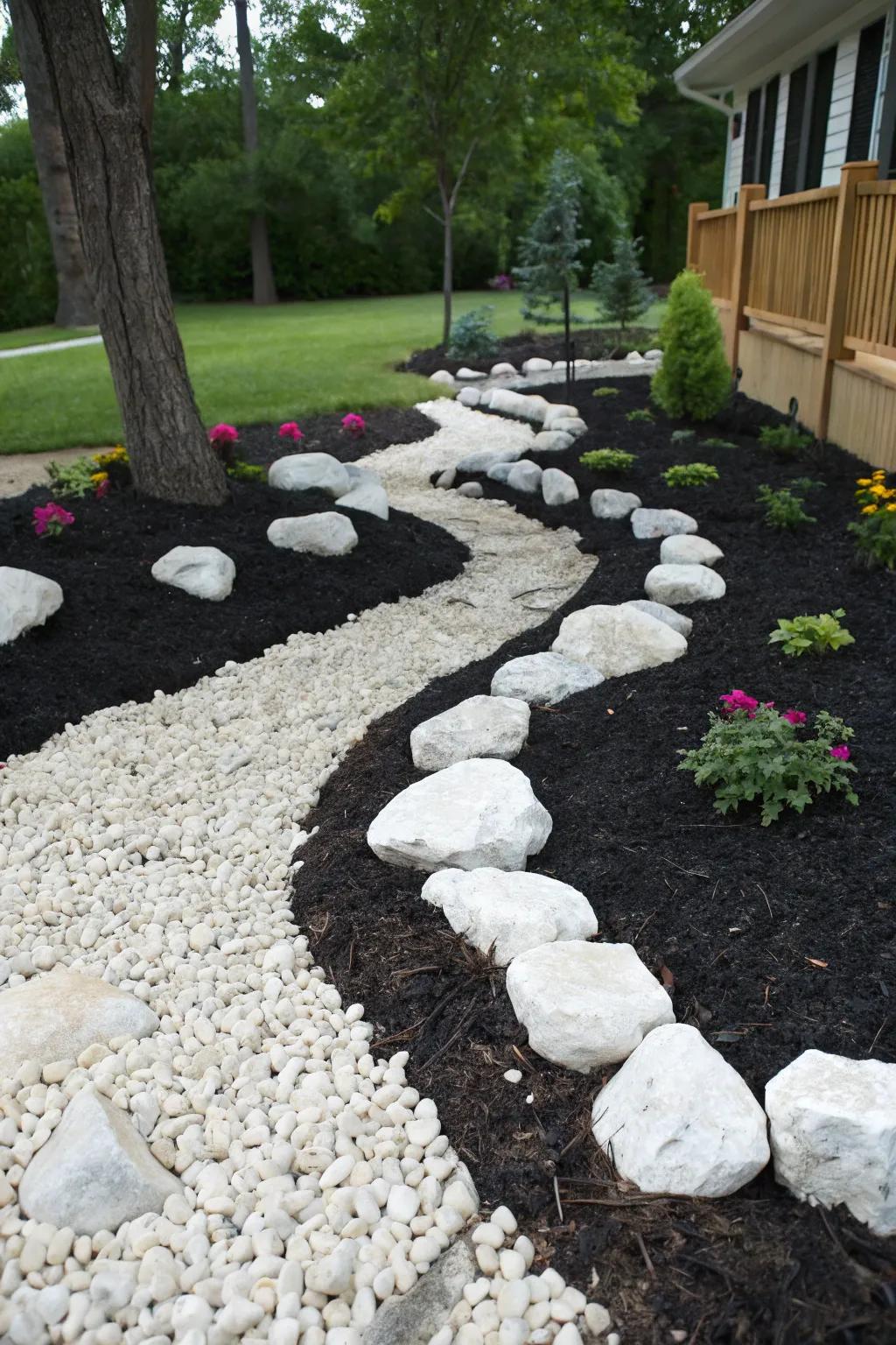 White rock landscaping dramatically highlighted by deep black mulch beds.