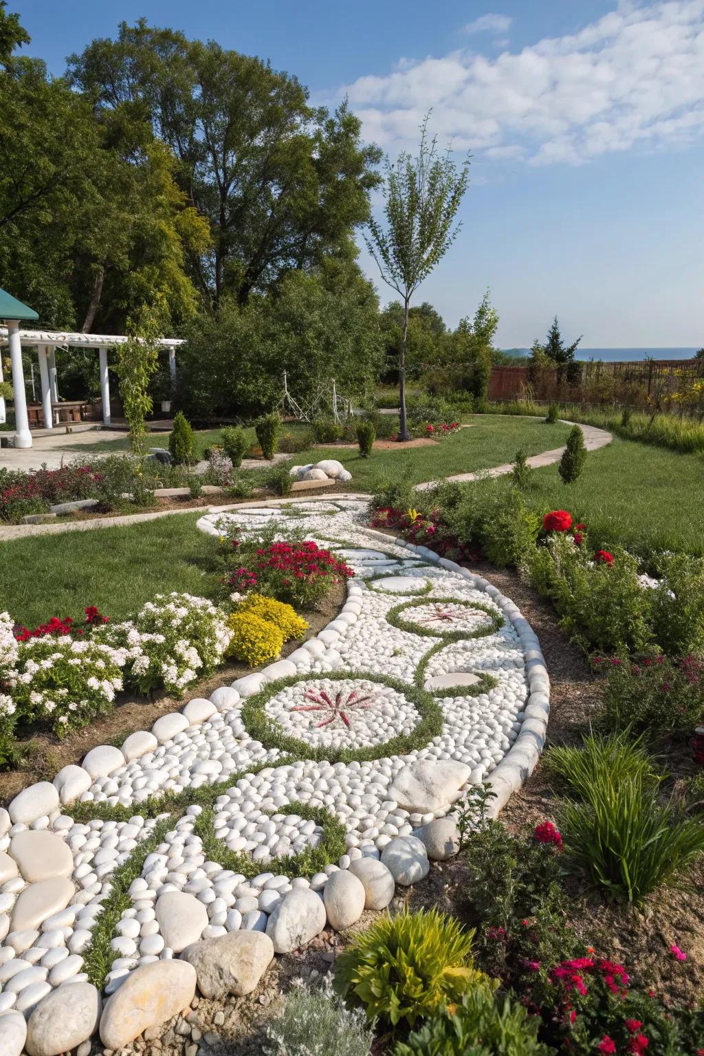 Artistic garden patterns crafted from white rocks, giving a sculptural landscape.