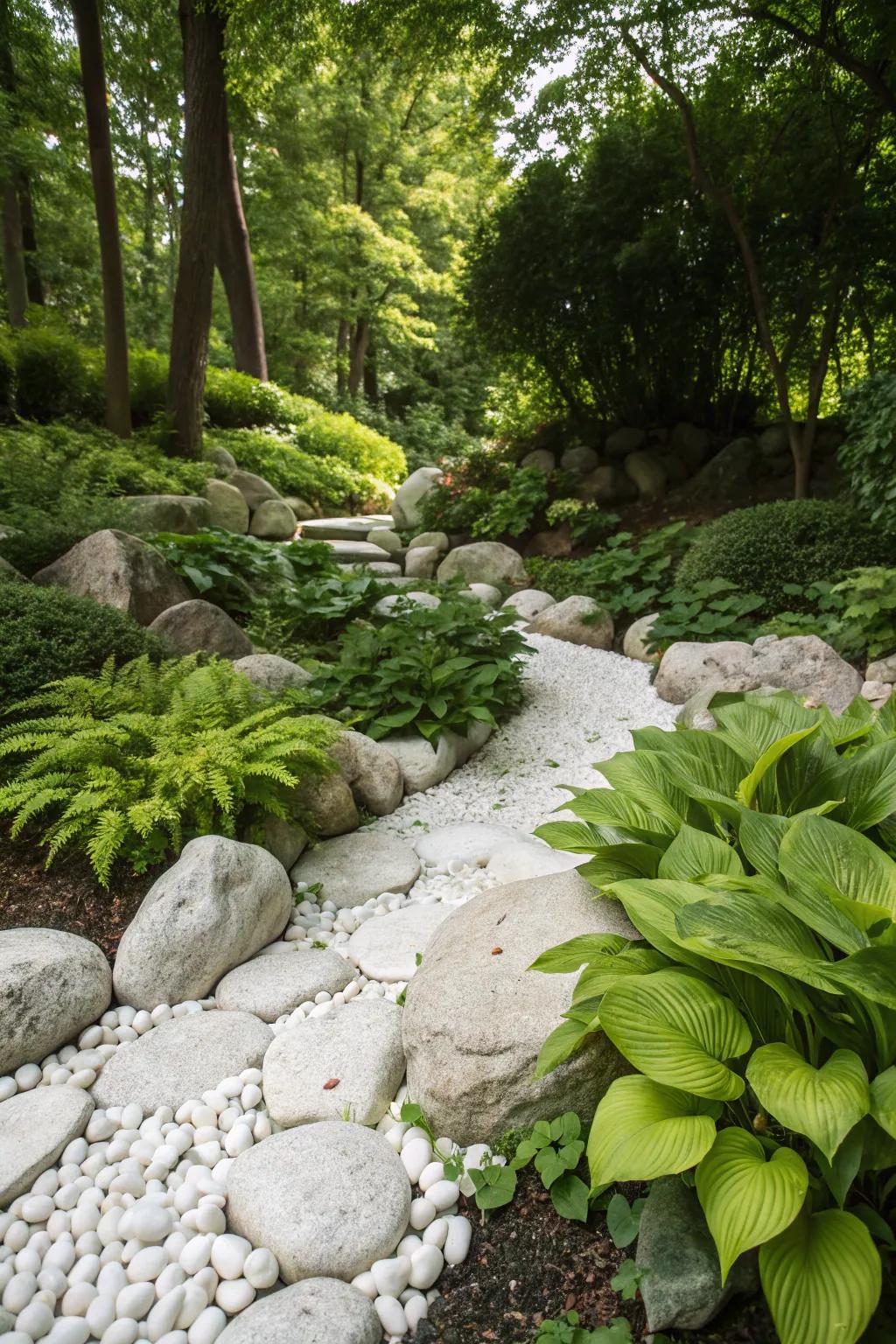 Vibrant green plants contrasted with bright white rocks for a refreshing garden look.