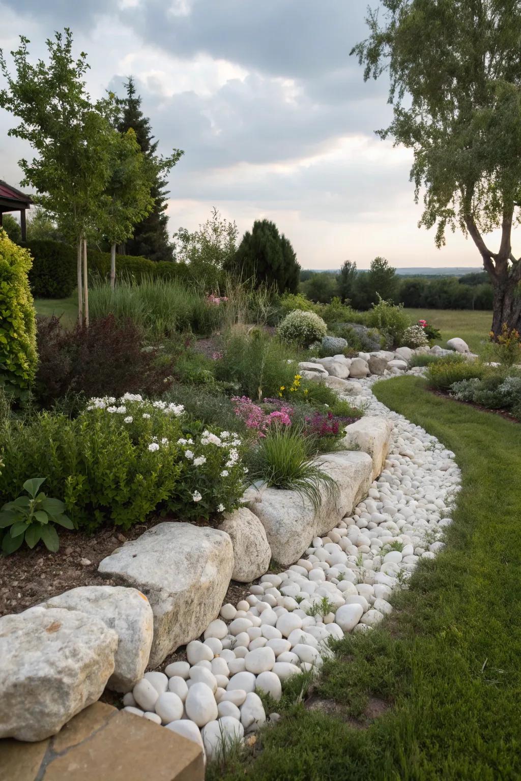 Natural stone edging complementing white rock gardens.