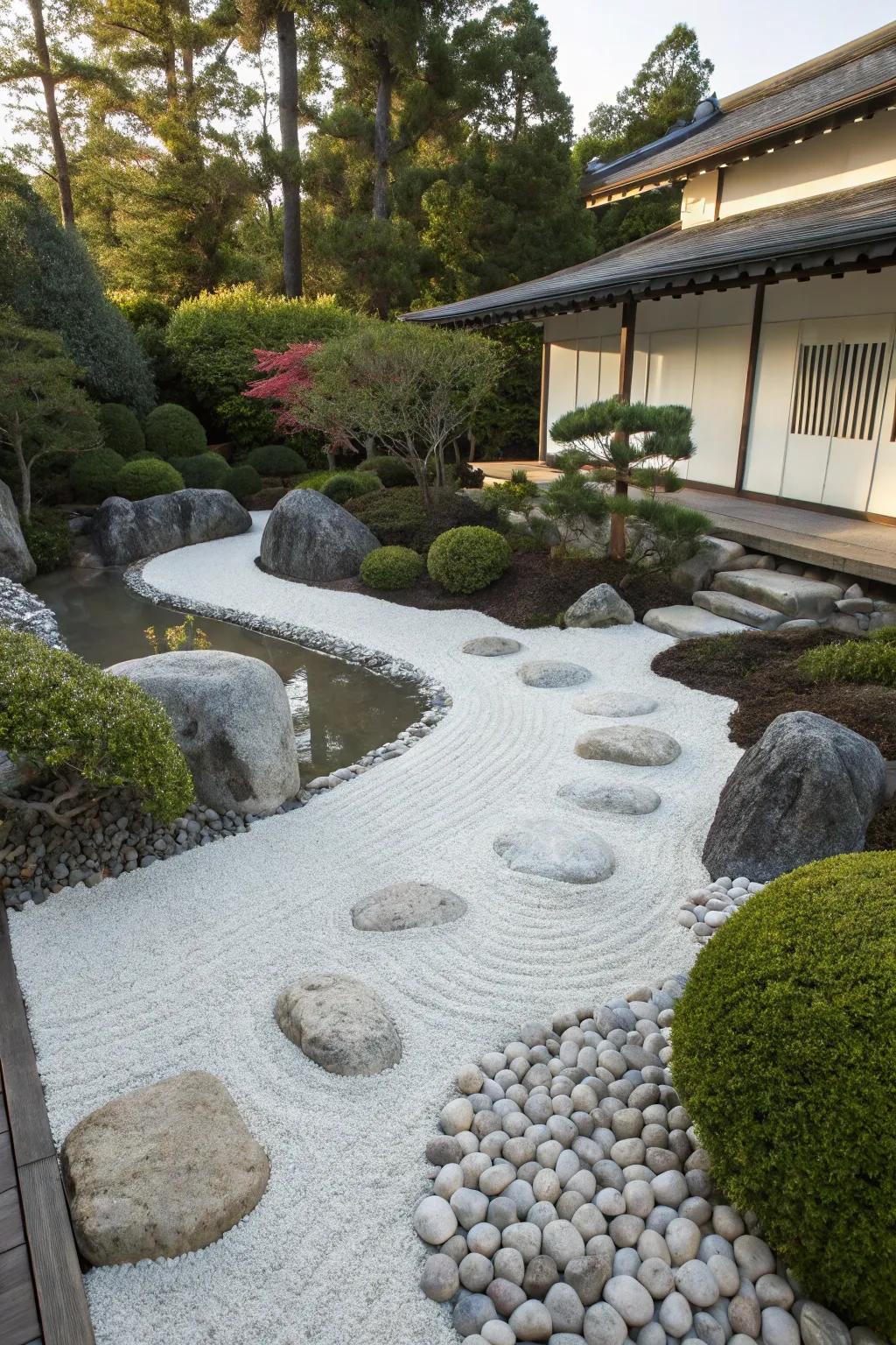 Calm Zen garden design featuring raked white stones and minimalistic plantings.