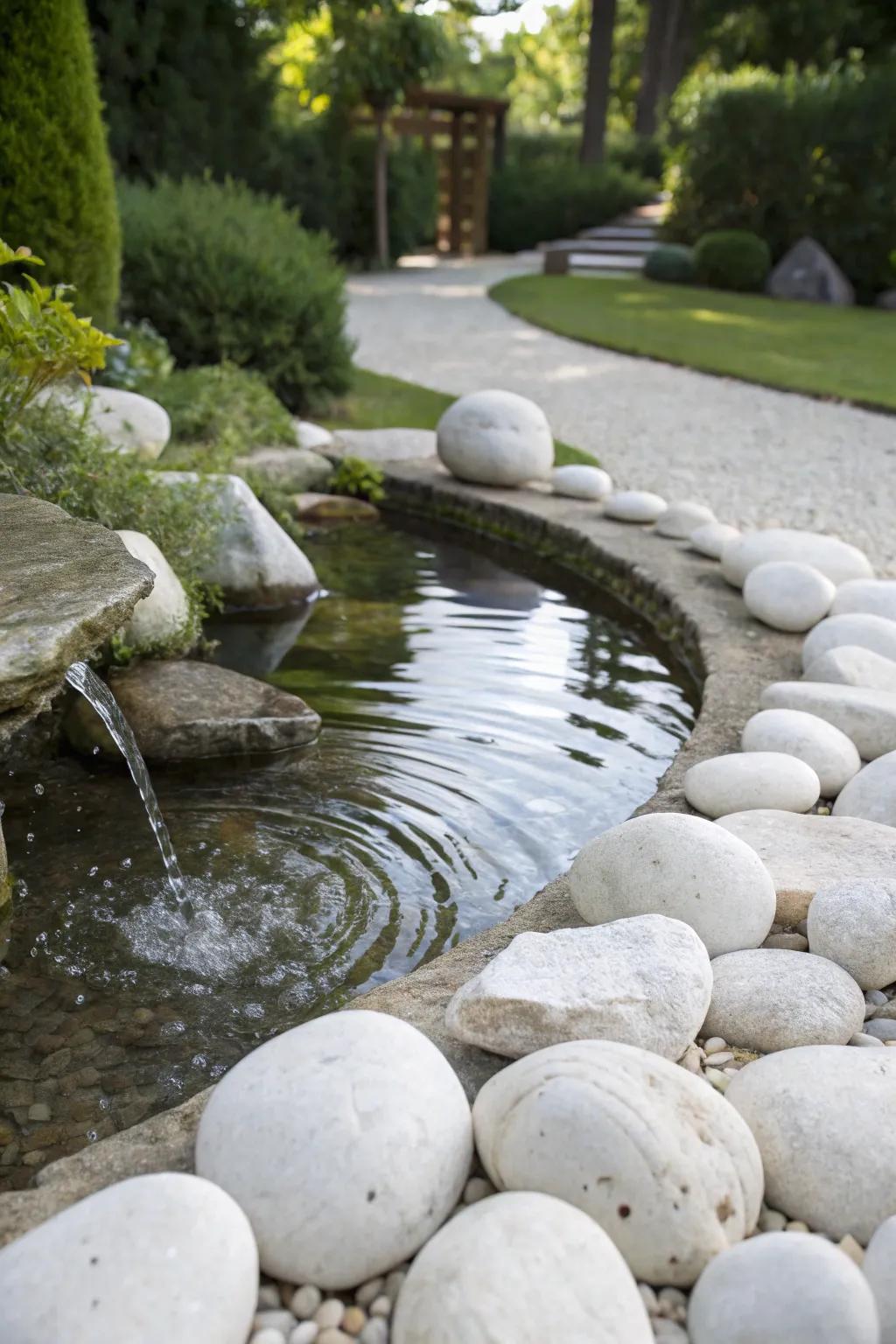 Peaceful garden water feature bordered with white rocks.