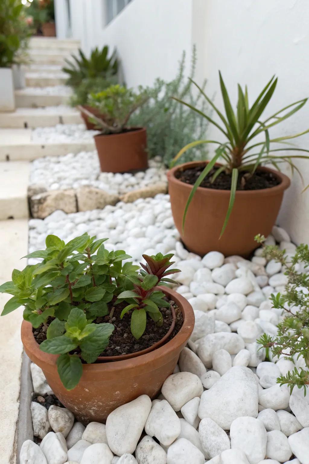 Arrangement of potted greenery on a bed of white landscaping stones.