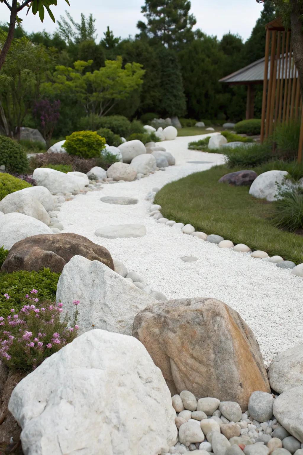 Large boulders placed among white stones add focus and texture in garden landscapes.