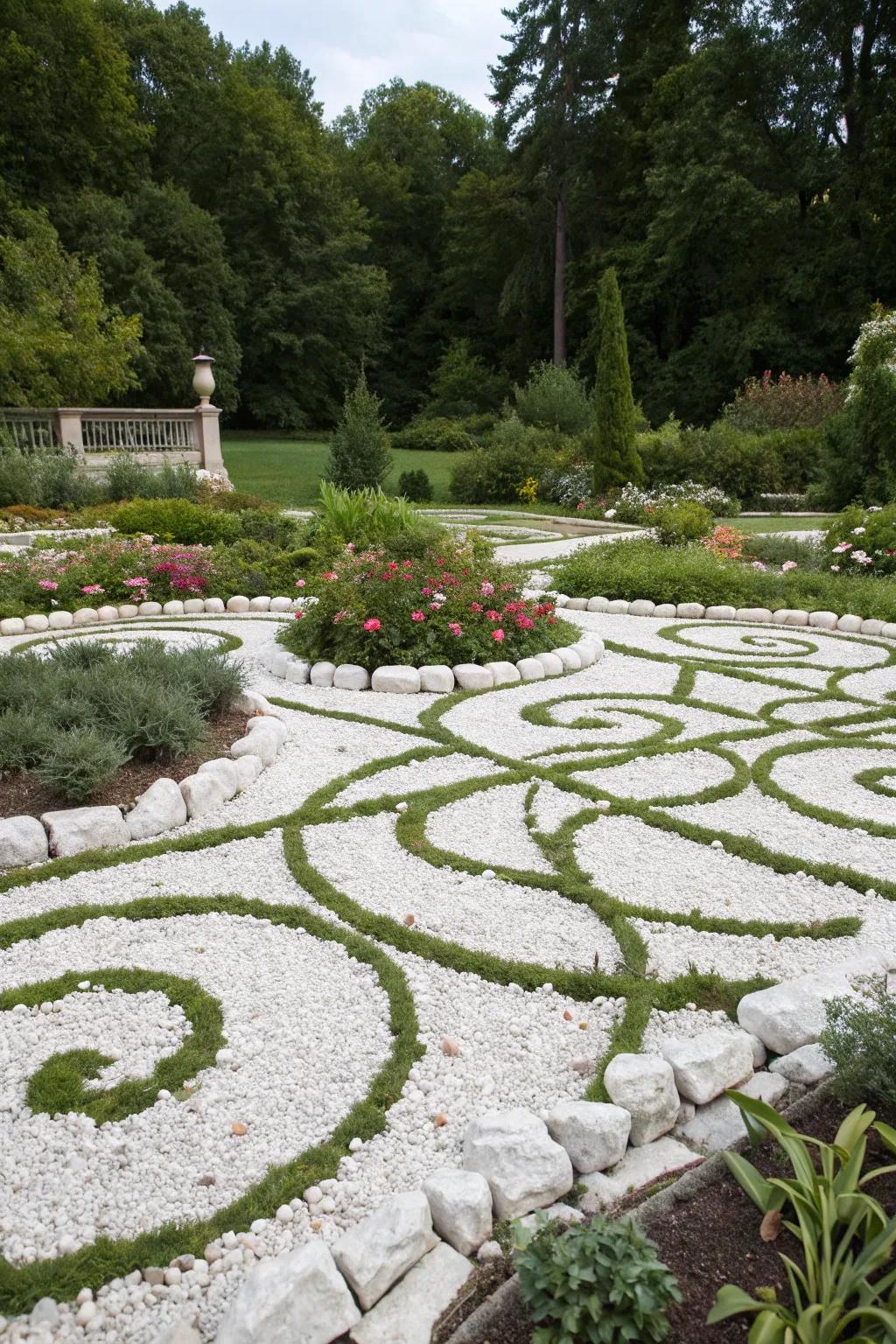 Geometric landscaping patterns created with white rocks for contemporary style.