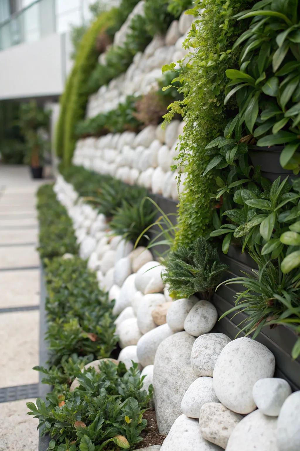 A vertical garden layered with white rocks offering unique spatial dimension.