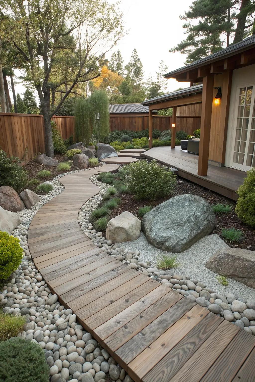 Combining diverse materials enriches the visual and tactile appeal of yards.