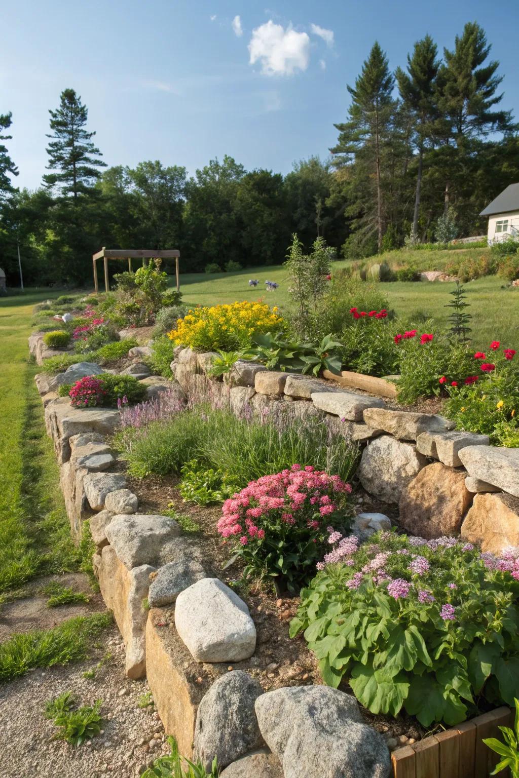 Raised garden beds and natural borders add striking structure.