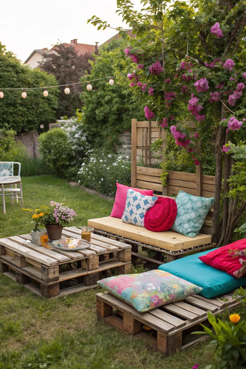 Simple seating made from repurposed materials invites relaxation.