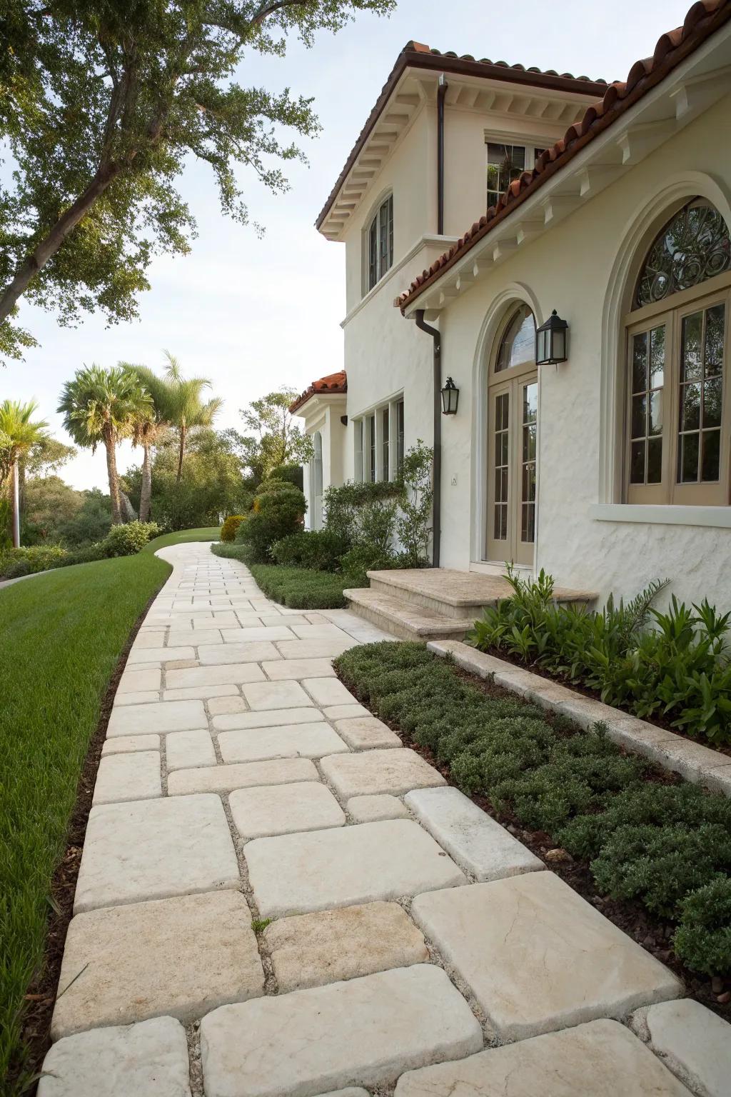 Limestone pavers enhance walkways with bright neutral tones.