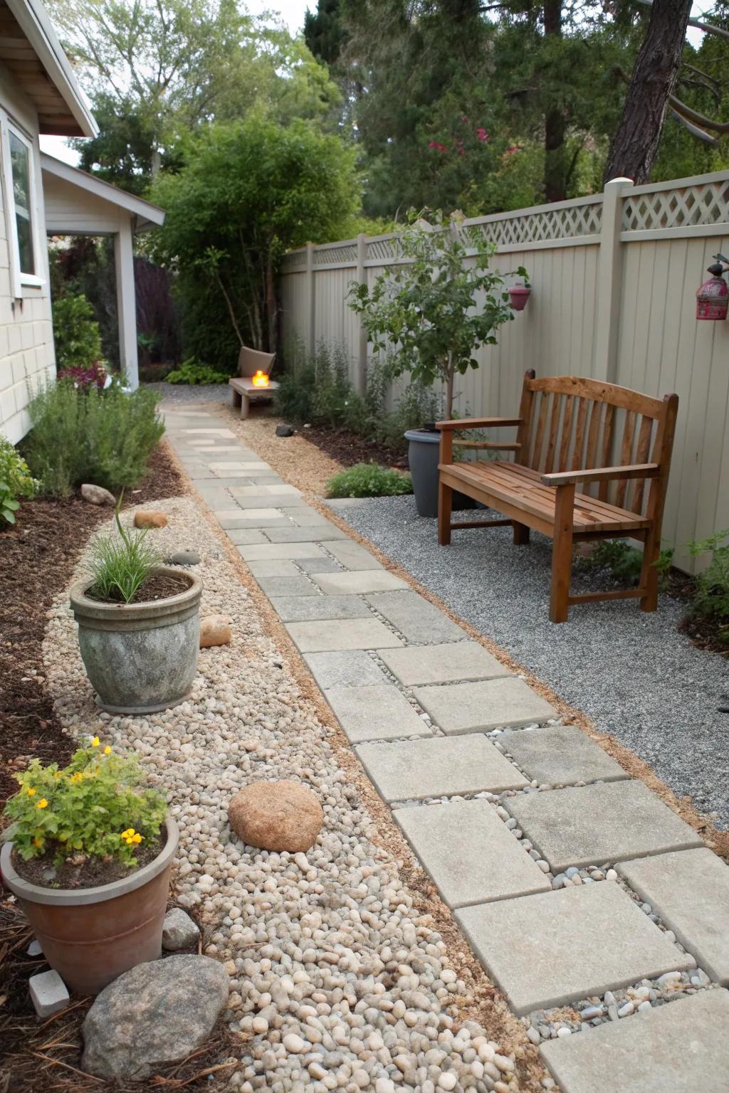 Pea gravel walkways add texture and rustic charm.