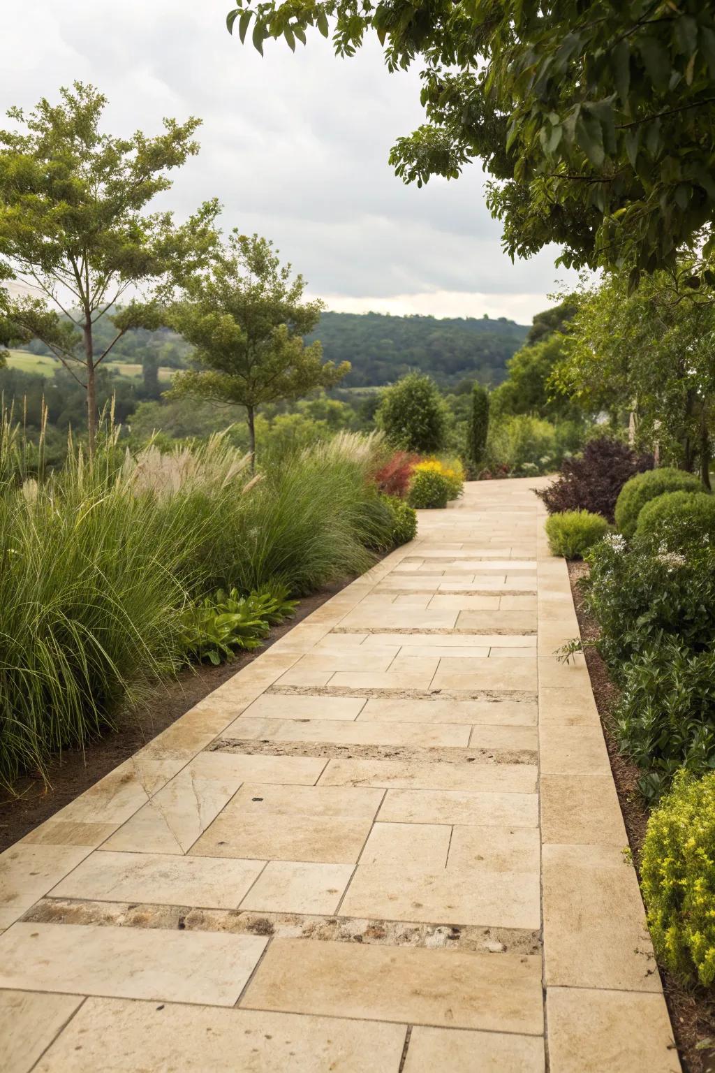 Travertine pavers offer luxurious warmth and durability.