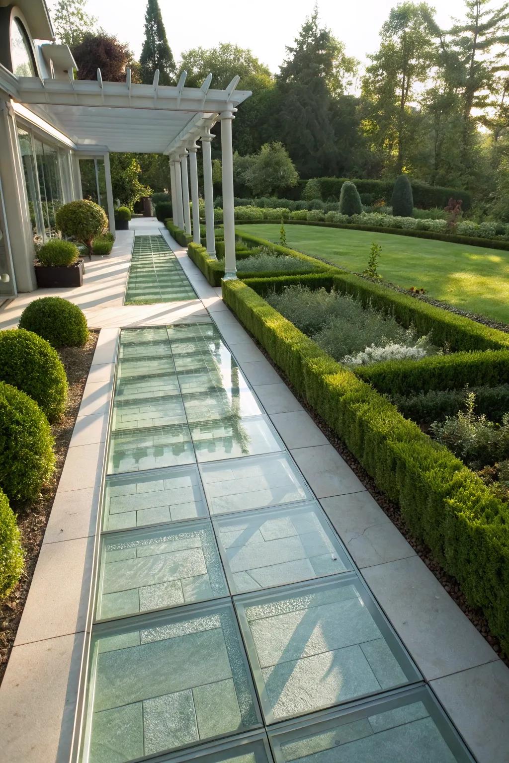 Glass pavers add a refined modern touch to a walkway.