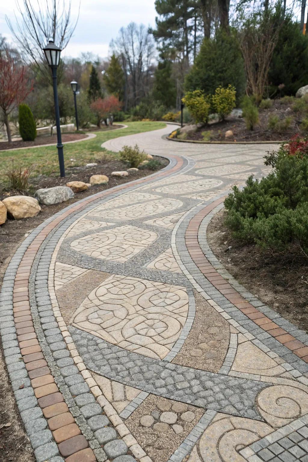Interlocking pavers offer dynamic patterns for walkways.