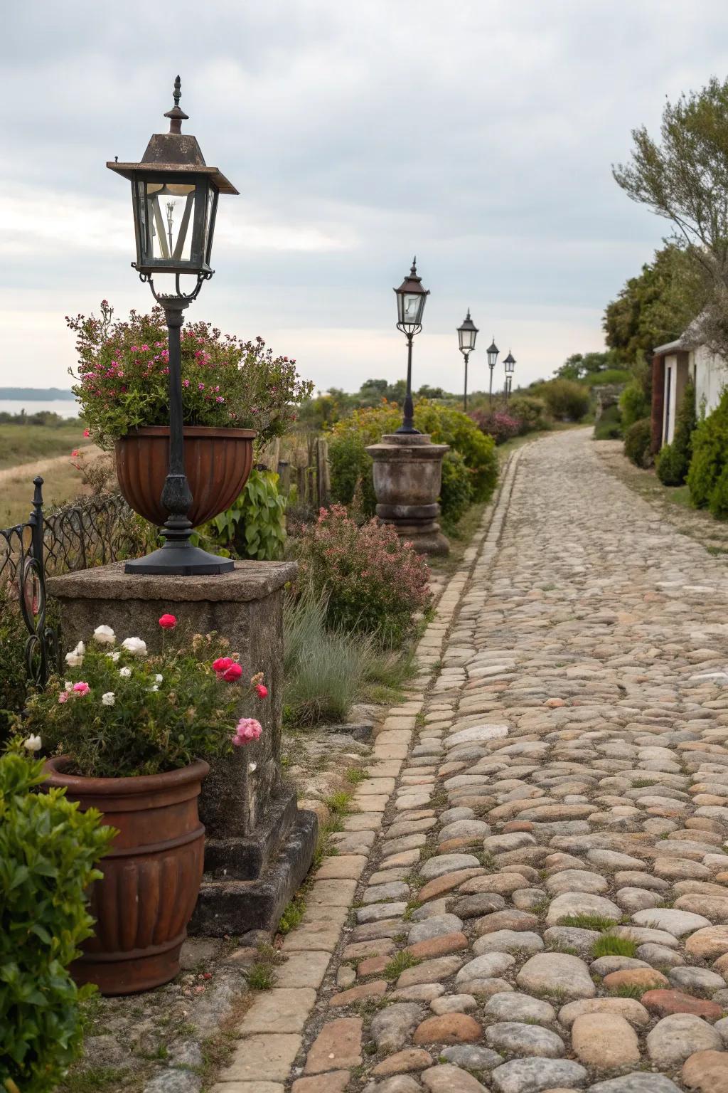 Cobblestone walkways evoke timeless rustic appeal.