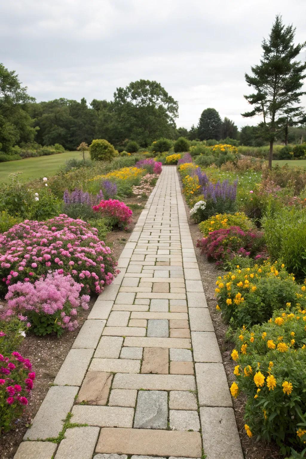 Flagstone walkways meld seamlessly with gardens.