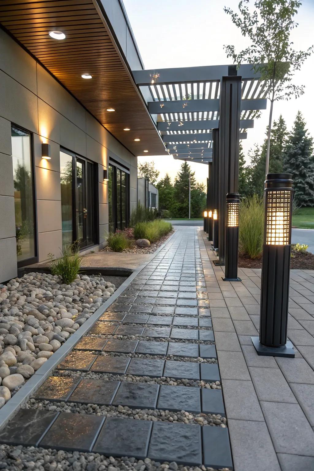 Metal pavers offer sleek industrial style to pathways.