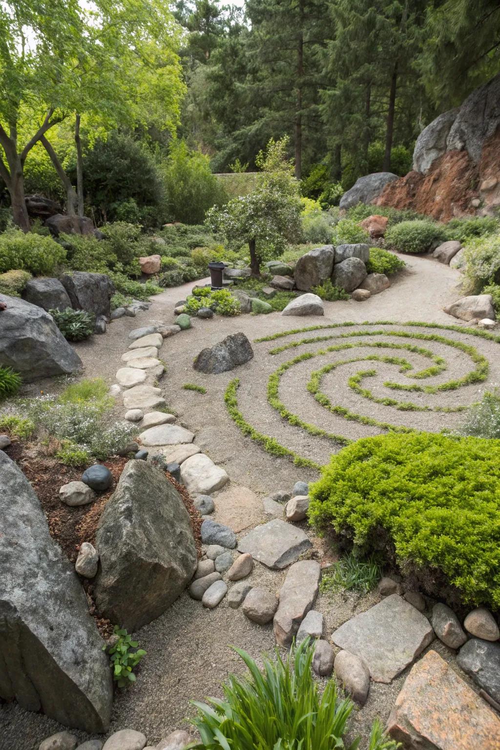 Artistic spiral design in a compact rock garden