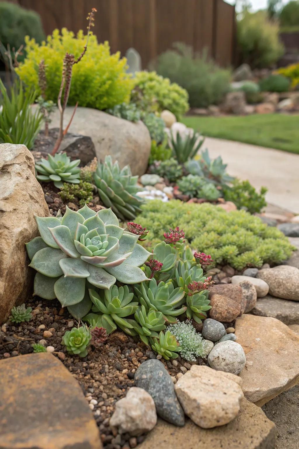 Bright succulents set amongst stones in a garden