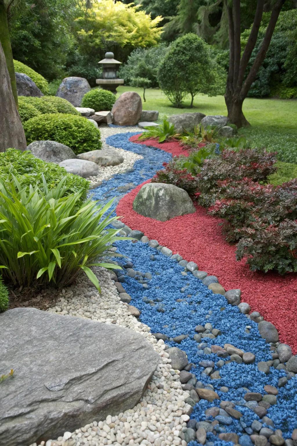 Brightly colored gravel adds liveliness to rock garden