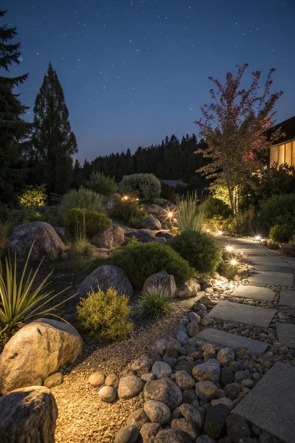 Soft lighting transforming a rock garden at night